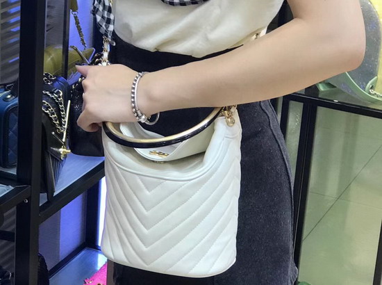 Chanel Bucket Bag in White Chevron Lambskin