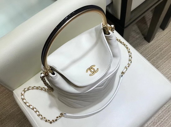 Chanel Bucket Bag in White Chevron Lambskin