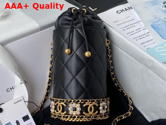 Chanel Bucket with Chain Lambskin Imitation Pearls Gold Tone Metal Black Ref AP2257 Replica