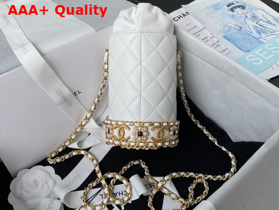 Chanel Bucket with Chain Lambskin Imitation Pearls Gold Tone Metal White Ref AP2257 Replica