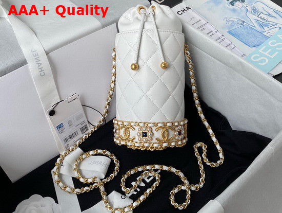 Chanel Bucket with Chain Lambskin Imitation Pearls Gold Tone Metal White Ref AP2257 Replica