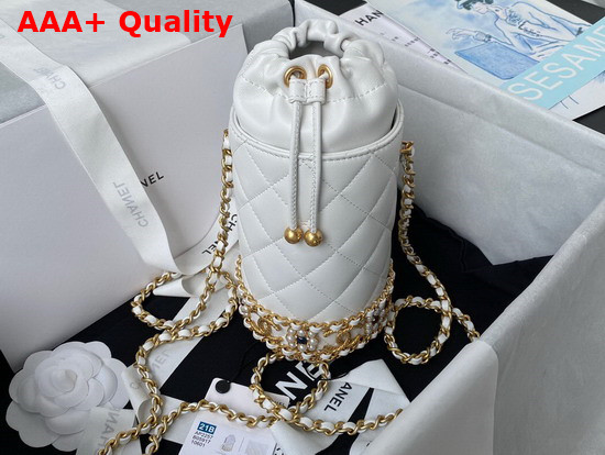 Chanel Bucket with Chain Lambskin Imitation Pearls Gold Tone Metal White Ref AP2257 Replica