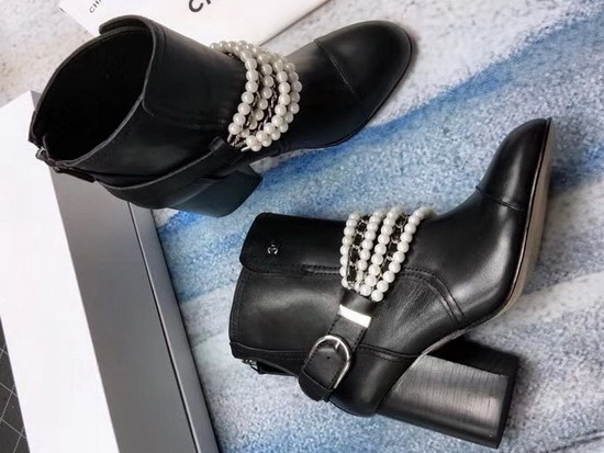 Chanel Buckle Detail Ankle Boot in Black Decorated with Pearl Beads