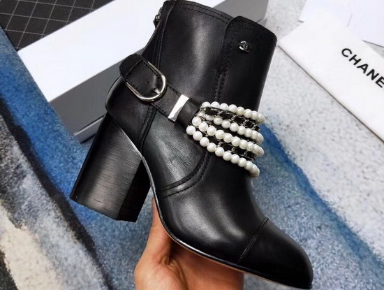 Chanel Buckle Detail Ankle Boot in Black Decorated with Pearl Beads