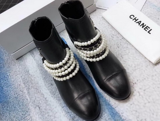 Chanel Buckle Detail Ankle Boot in Black Decorated with Pearl Beads