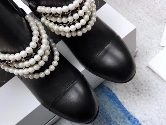 Chanel Buckle Detail Ankle Boot in Black Decorated with Pearl Beads