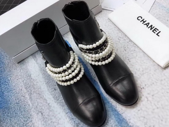 Chanel Buckle Detail Leather Ankle Boot Decorated with Pearl Chain Black