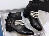 Chanel Buckle Detail Leather Ankle Boot Decorated with Pearl Chain Black