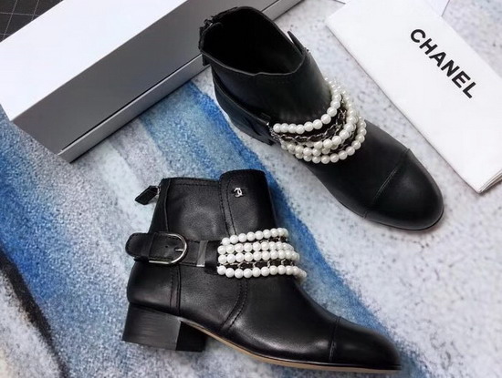 Chanel Buckle Detail Leather Ankle Boot Decorated with Pearl Chain Black