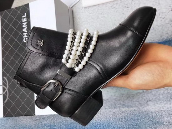 Chanel Buckle Detail Leather Ankle Boot Decorated with Pearl Chain Black