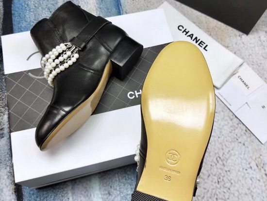 Chanel Buckle Detail Leather Ankle Boot Decorated with Pearl Chain Black