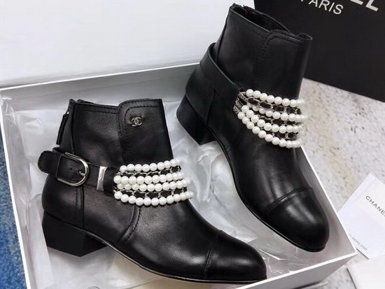 Chanel Buckle Detail Leather Ankle Boot Decorated with Pearl Chain Black