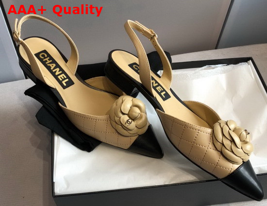 Chanel Camelia Slingbacks Beige and Black Lambskin Replica