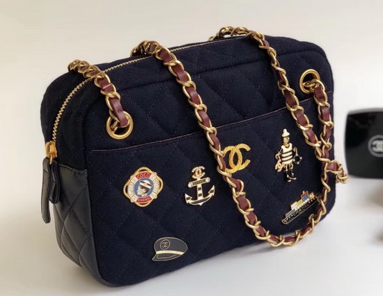 Chanel Camera Case with Charms Navy Blue Wool and Lambskin