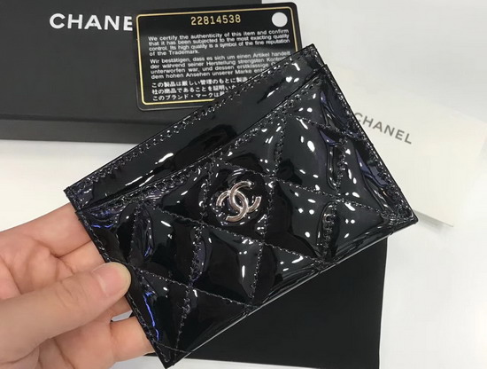 Chanel Card Holder in Black Patent Leather with Silver Hardware