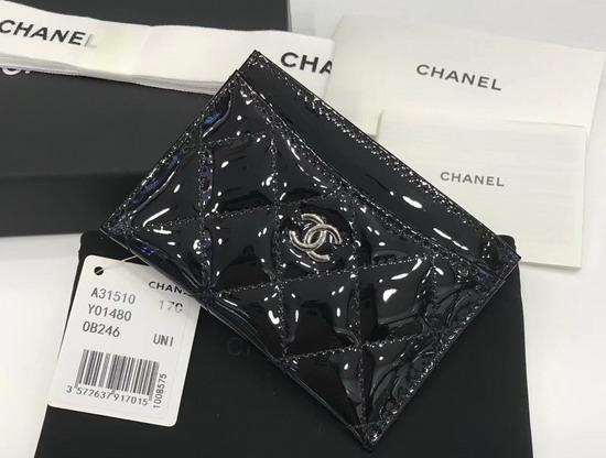 Chanel Card Holder in Black Patent Leather with Silver Hardware