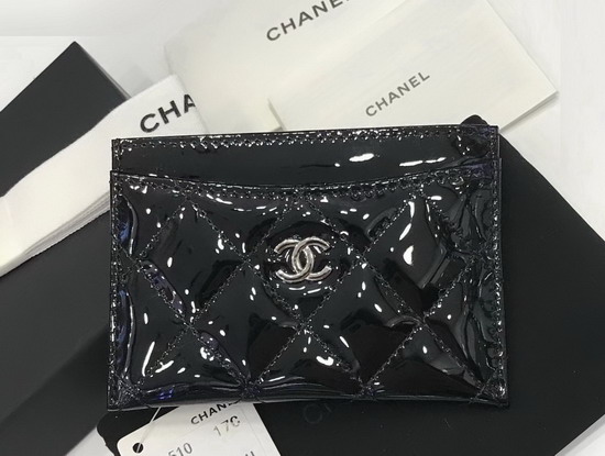 Chanel Card Holder in Black Patent Leather with Silver Hardware