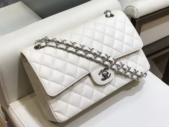 Chanel Caviar Flap Bag in White with Silver Hardware