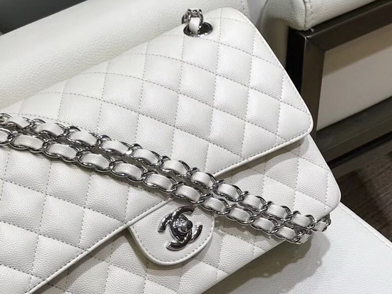 Chanel Caviar Flap Bag in White with Silver Hardware