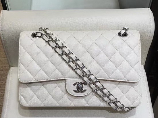 Chanel Caviar Flap Bag in White with Silver Hardware