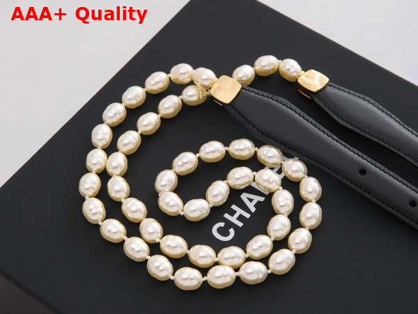 Chanel Chain Belt Glass Pearls Lambskin and Metal Black and Pearly White Ref AA9708 Replica