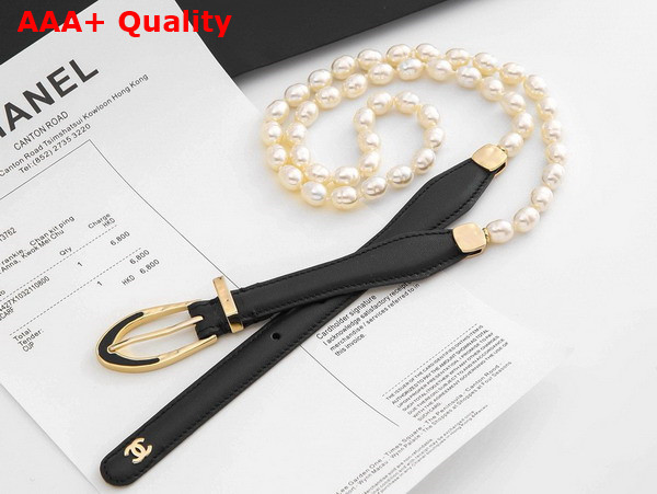 Chanel Chain Belt Glass Pearls Lambskin and Metal Black and Pearly White Ref AA9708 Replica