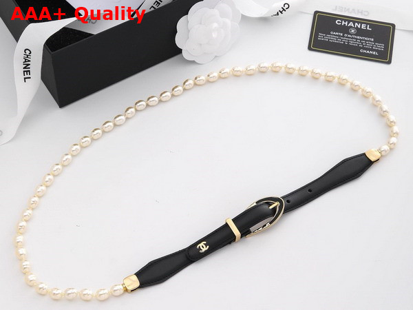 Chanel Chain Belt Glass Pearls Lambskin and Metal Black and Pearly White Ref AA9708 Replica