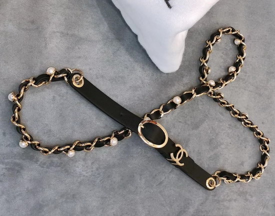 Chanel Chain Belt Lambskin Gold Tone Metal and Glass Pearls Black AA0594