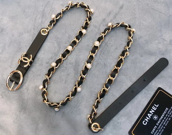 Chanel Chain Belt Lambskin Gold Tone Metal and Glass Pearls Black AA0594