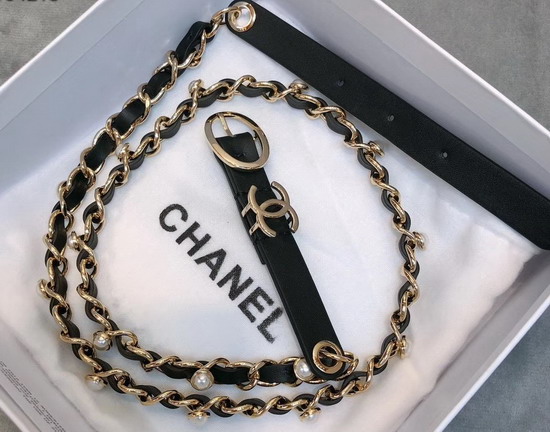 Chanel Chain Belt Lambskin Gold Tone Metal and Glass Pearls Black AA0594