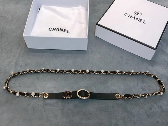 Chanel Chain Belt Lambskin Gold Tone Metal and Glass Pearls Black AA0594