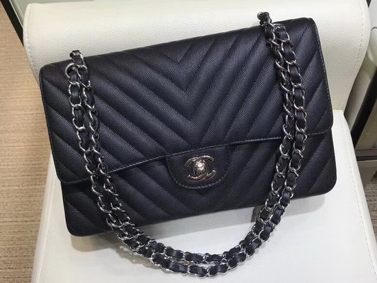 Chanel Chevron Caviar Flap Bag in Black with Silver Hardware