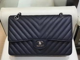 Chanel Chevron Caviar Flap Bag in Black with Silver Hardware