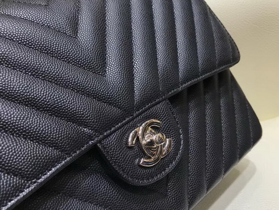 Chanel Chevron Caviar Flap Bag in Black with Silver Hardware