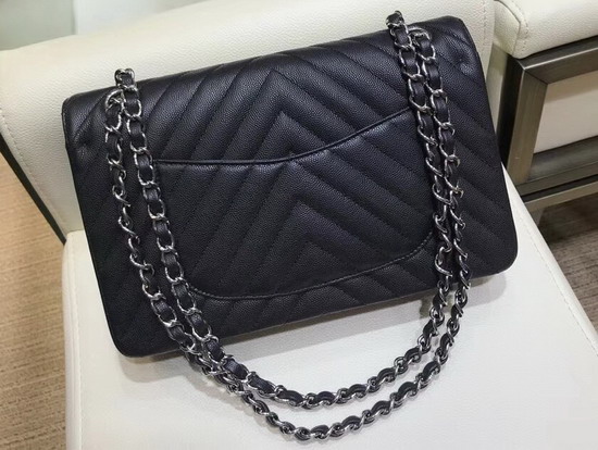 Chanel Chevron Caviar Flap Bag in Black with Silver Hardware