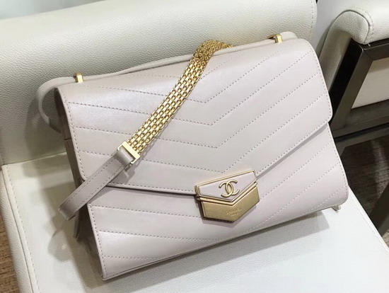 Chanel Chevron Flap Bag Calfskin Gold Tone Metal A57491 Beige Color