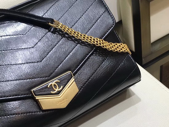 Chanel Chevron Flap Bag Calfskin Gold Tone Metal A57491 Black