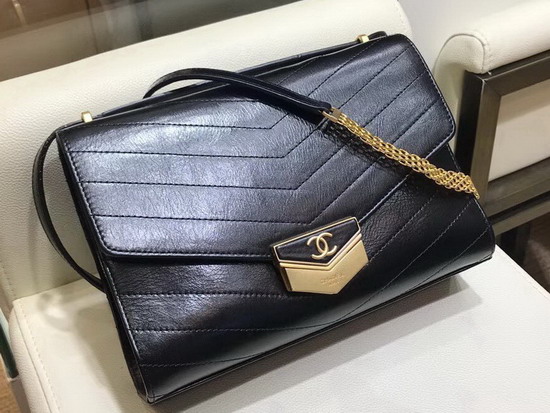 Chanel Chevron Flap Bag Calfskin Gold Tone Metal A57491 Black