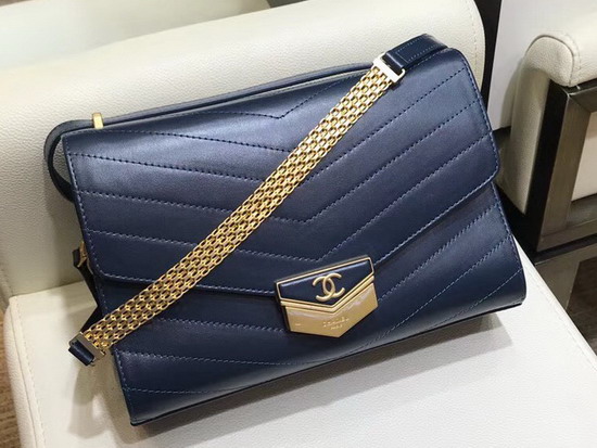 Chanel Chevron Flap Bag Calfskin Gold Tone Metal A57491 Blue