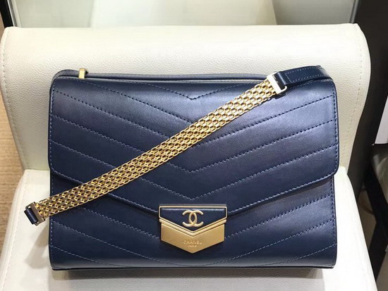 Chanel Chevron Flap Bag Calfskin Gold Tone Metal A57491 Blue