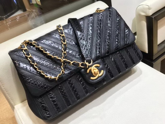 Chanel Chevron Flap Bag Patchwork Lambskin and Python Black