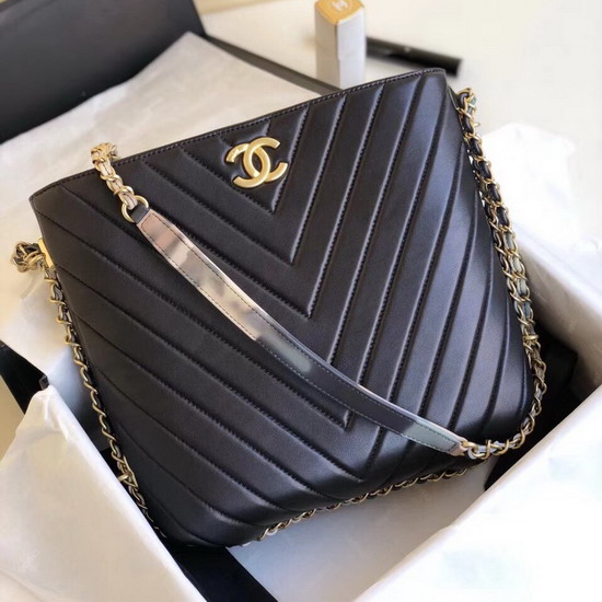 Chanel Chevron Hobo Bag in Black Lambskin