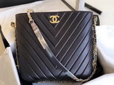 Chanel Chevron Hobo Bag in Black Lambskin