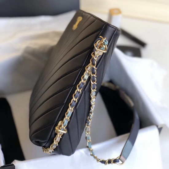 Chanel Chevron Hobo Bag in Black Lambskin