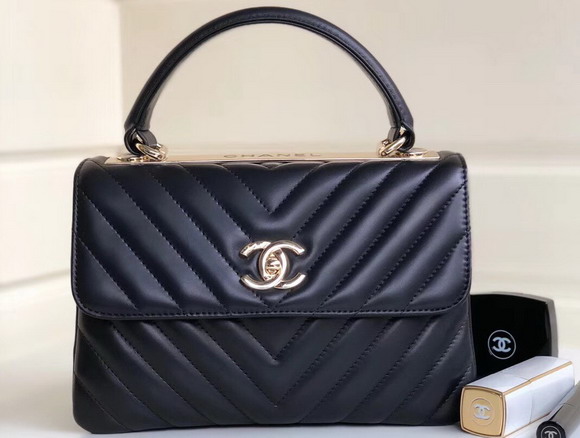 Chanel Chevron Lambskin Trendy CC Flap Bag with Top Handle Black