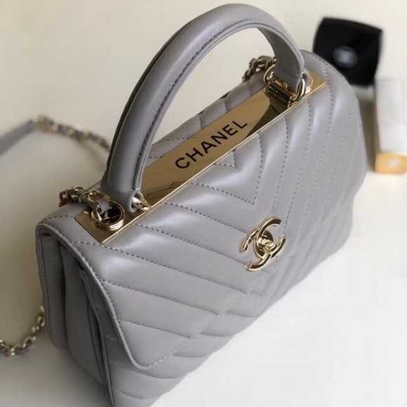 Chanel Chevron Lambskin Trendy CC Flap Bag with Top Handle Light Grey