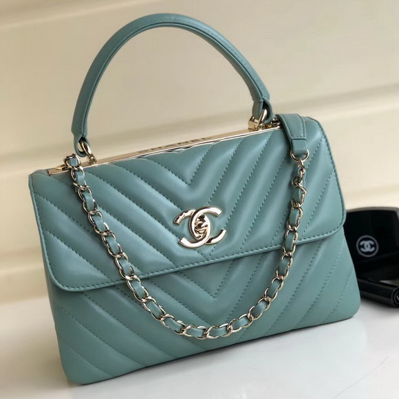 Chanel Chevron Lambskin Trendy CC Flap Bag with Top Handle Turquoise