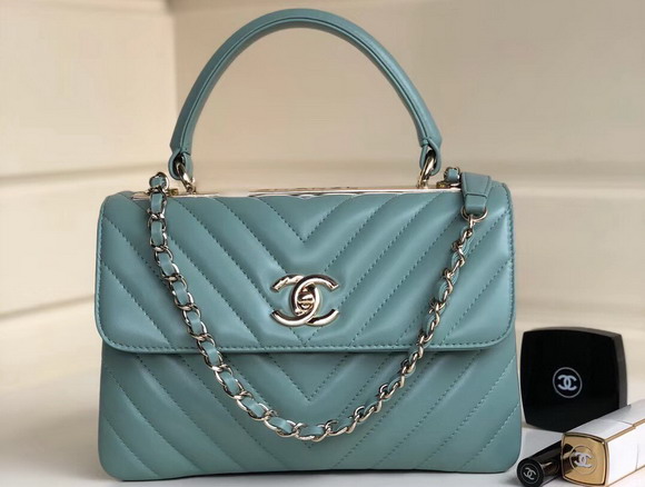 Chanel Chevron Lambskin Trendy CC Flap Bag with Top Handle Turquoise