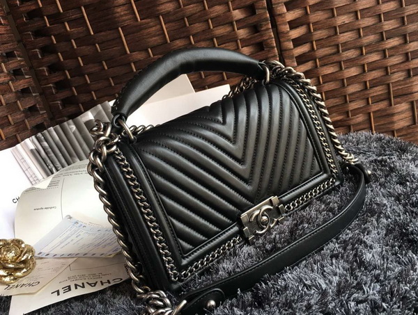 Chanel Chevron Le Boy Handle Bag Black Lambskin for Sale