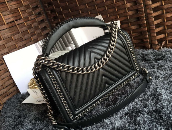 Chanel Chevron Le Boy Handle Bag Black Lambskin for Sale